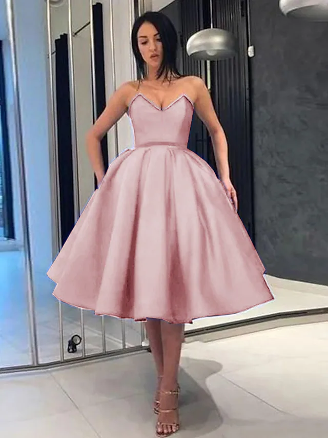 Elegant A-line strapless satin cocktail dress.