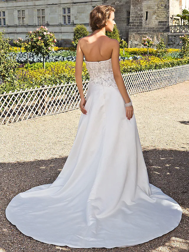 Elegant A-line strapless satin wedding dress with chapel train.
