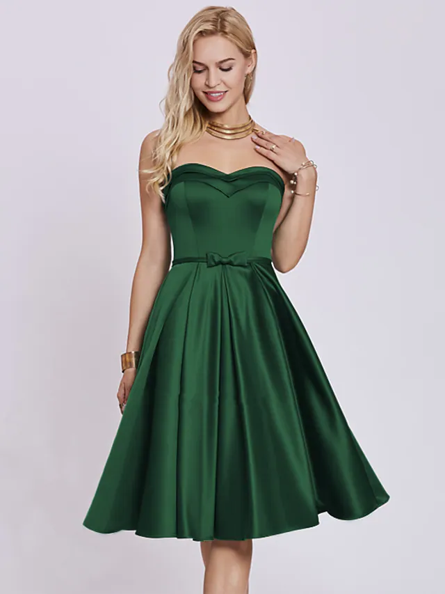 Full view of A-Line strapless satin cocktail dress with pleats.