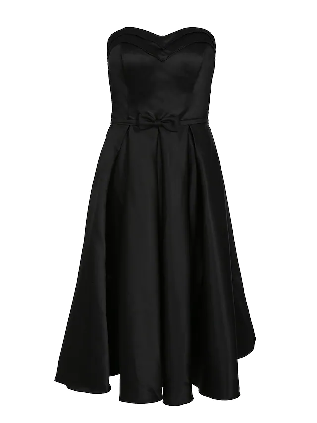 Side view of the elegant strapless A-Line dress.
