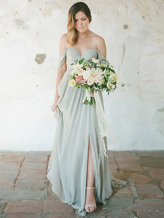 Elegant A-line sweetheart chiffon bridesmaid dress with pleats and a split front.
