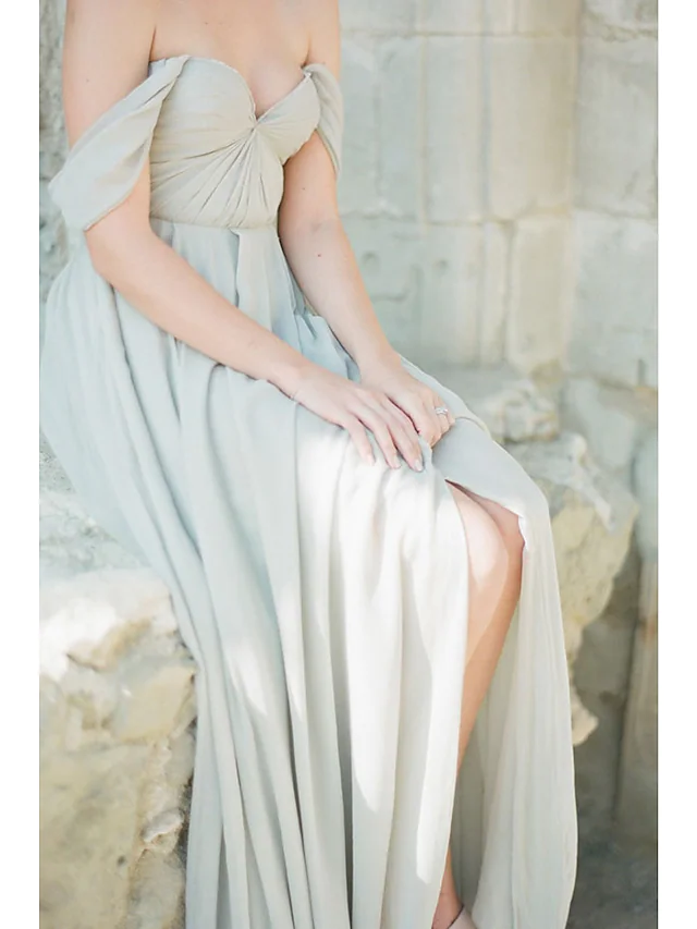 Back view of an A-line chiffon bridesmaid dress.