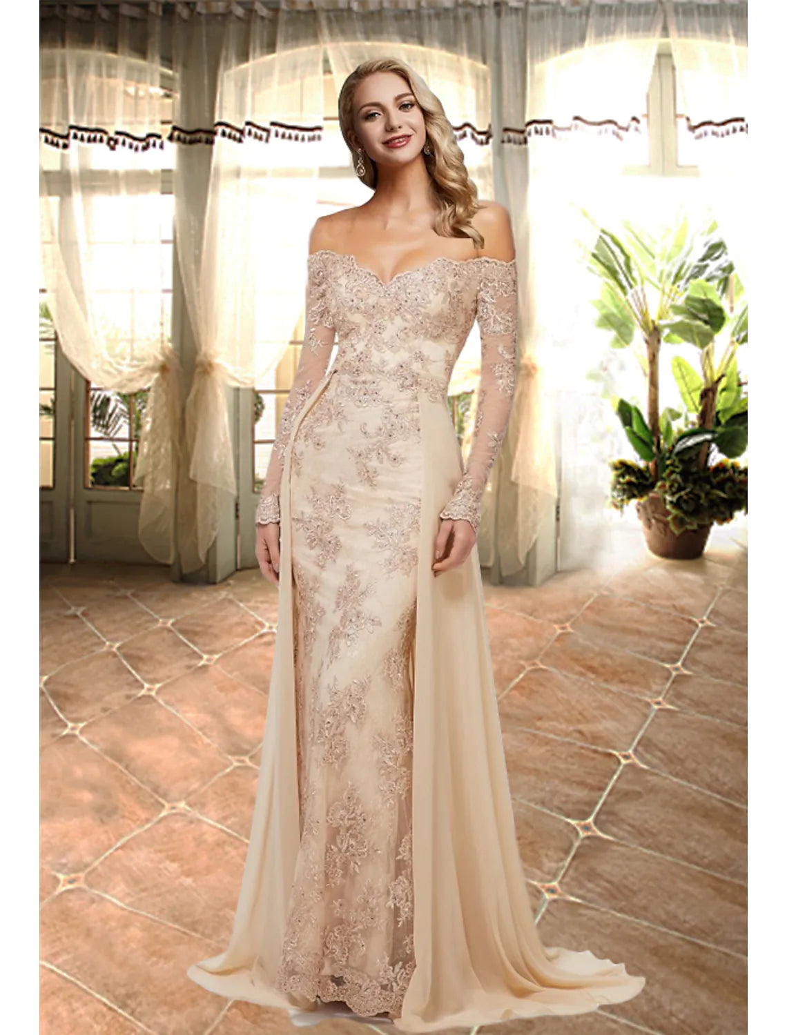 Model wearing an elegant A-Line appliques prom dress with sweetheart off-shoulder neckline and long lace sleeves.