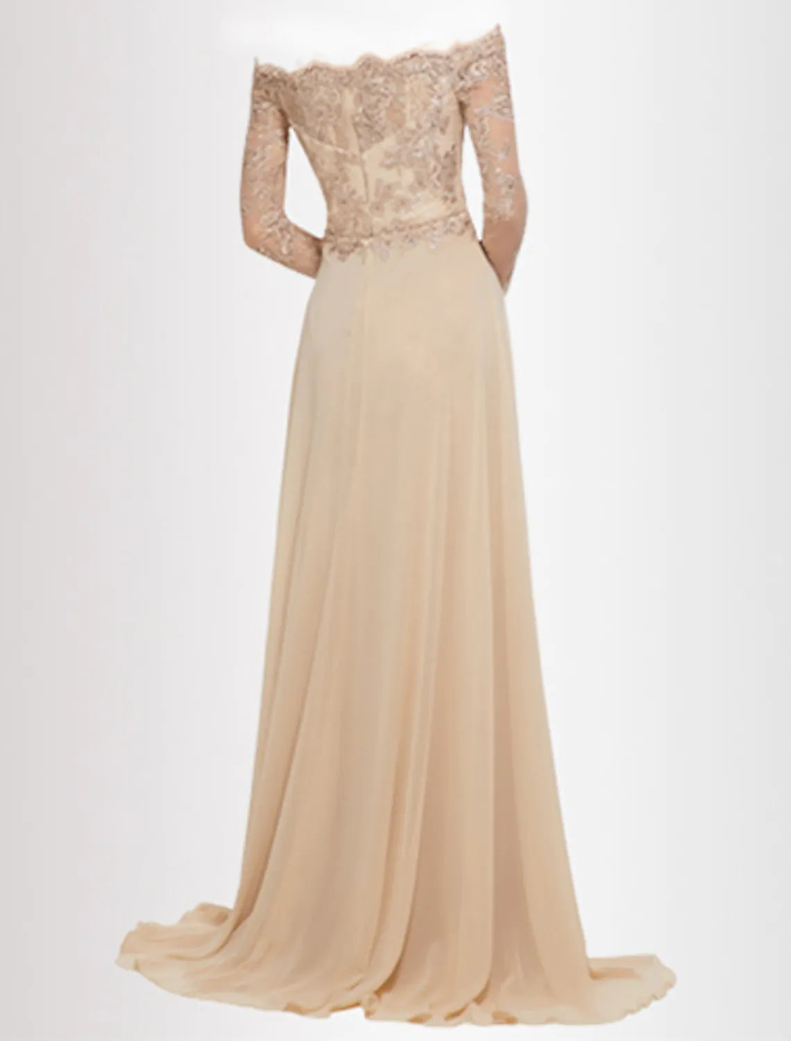 Back view of the luxurious A-Line appliques formal gown featuring a sweep train and lace overskirt.