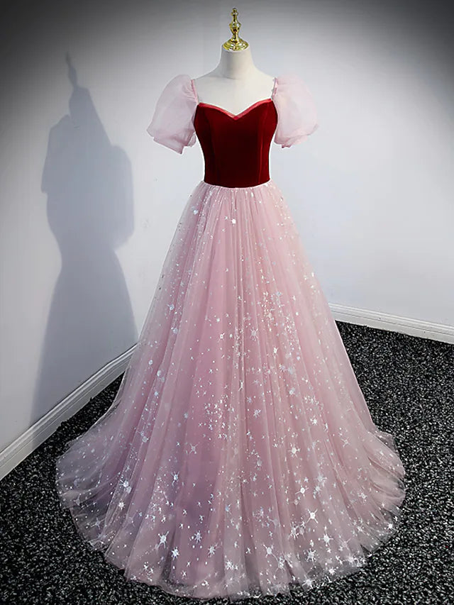 Elegant A-line sweetheart short sleeve prom dress with sequin tulle.