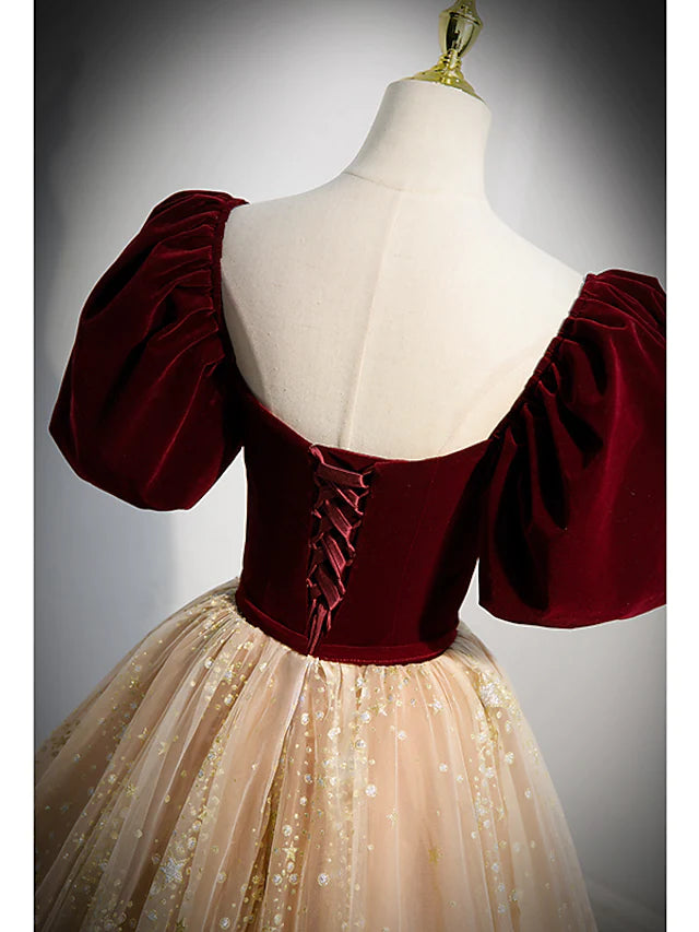 Detailed view of the bodice and skirt of the sequin tulle prom gown, perfect for formal events.