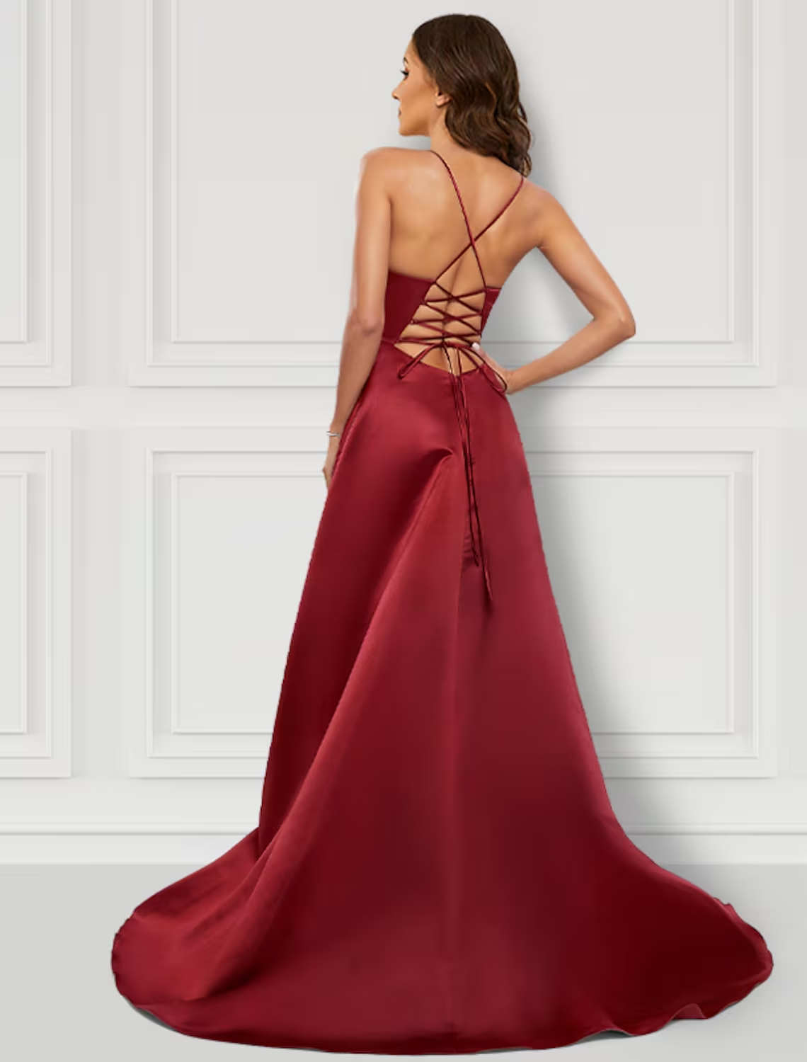 Side view of charmeuse prom dress highlighting the high slit and flowing fabric.