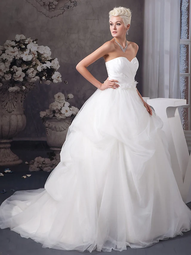 Back view of A-Line wedding dress showing court train.