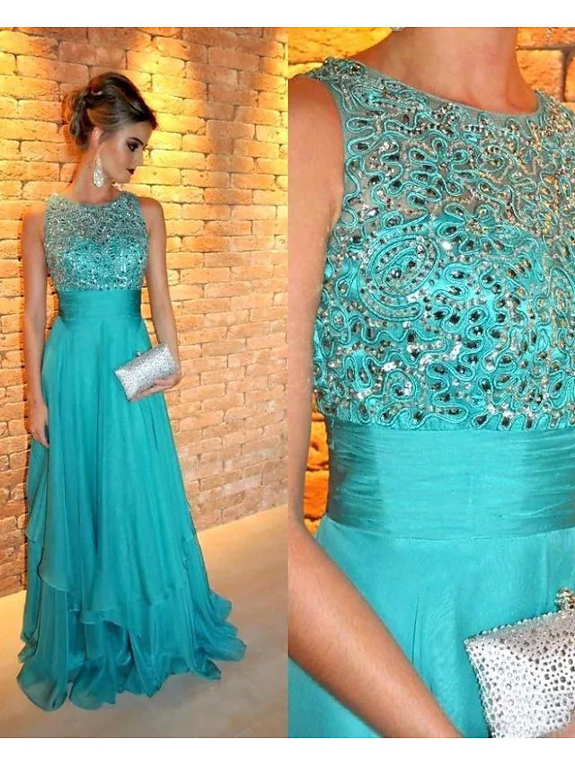 Elegant A-Line evening gown with tiered skirt and jewel neckline.