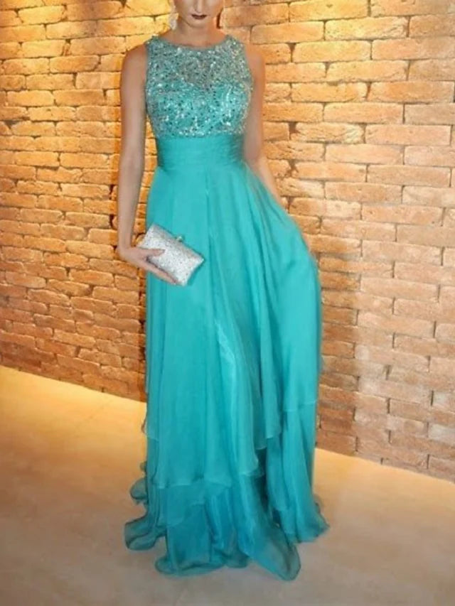 Back view of the sleeveless chiffon evening gown with sweep train.
