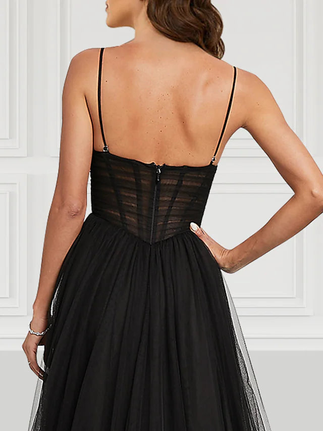 Side view of the A-line prom dress highlighting the high slit.