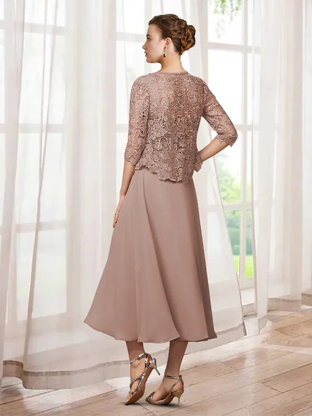 Side view of the two-piece A-line dress, showcasing chiffon lace and applique details.
