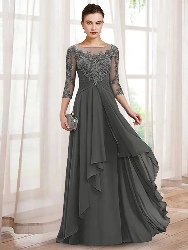Elegant A-line V-neck mother of the bride dress with 3/4 sleeves and lace appliques.