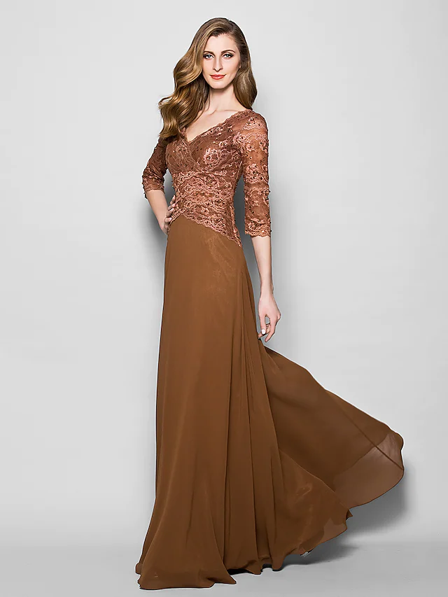 Elegant A-Line Mother of the Bride dress with V-neck, 3/4 sleeves, and lace beading.