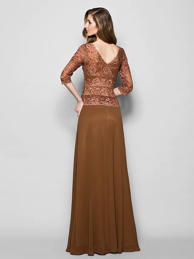 Side view of A-Line lace georgette gown, highlighting the floor-length silhouette.