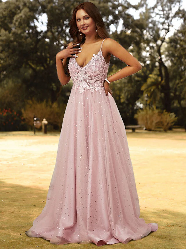 Elegant A-line plus size prom dress with V-neck, appliques, and sweep train.