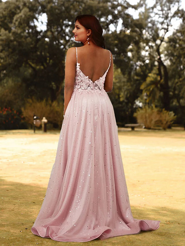 Full length view of the A-line plus size formal dress.