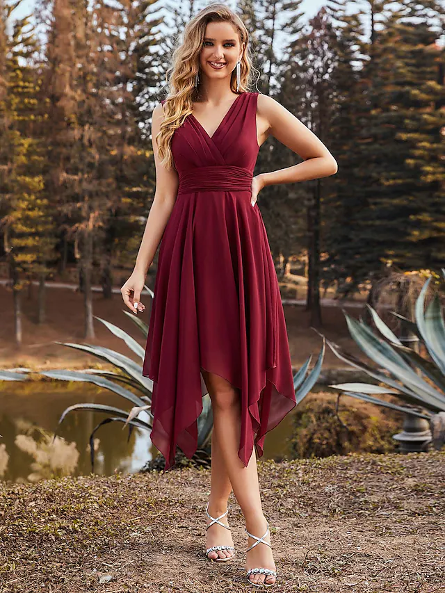A-line V-neck asymmetrical chiffon bridesmaid dress in mauve, front view.