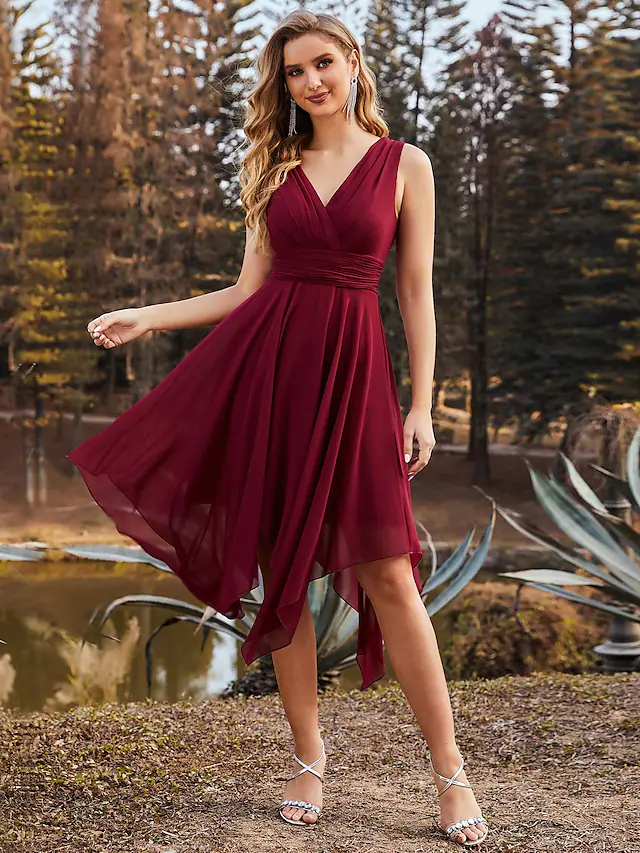 Back view of an A-line V-neck asymmetrical chiffon bridesmaid dress.