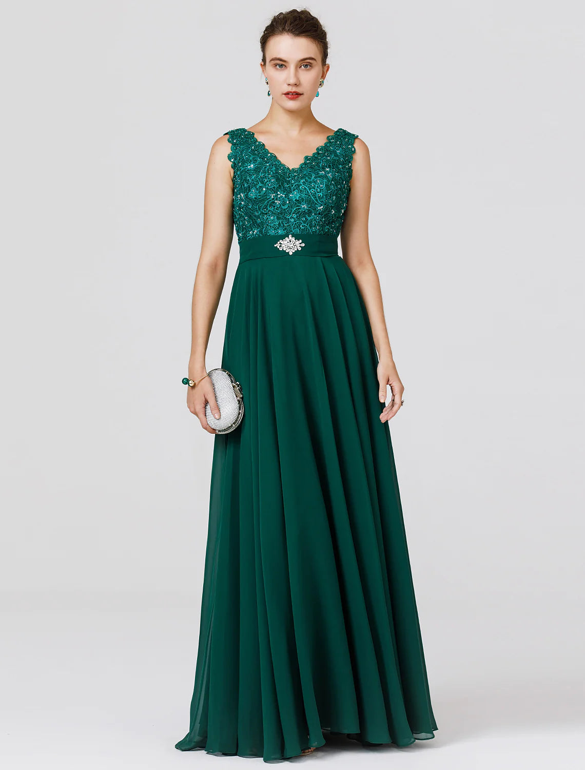 Elegant A-line chiffon gown with V-neck and beading.