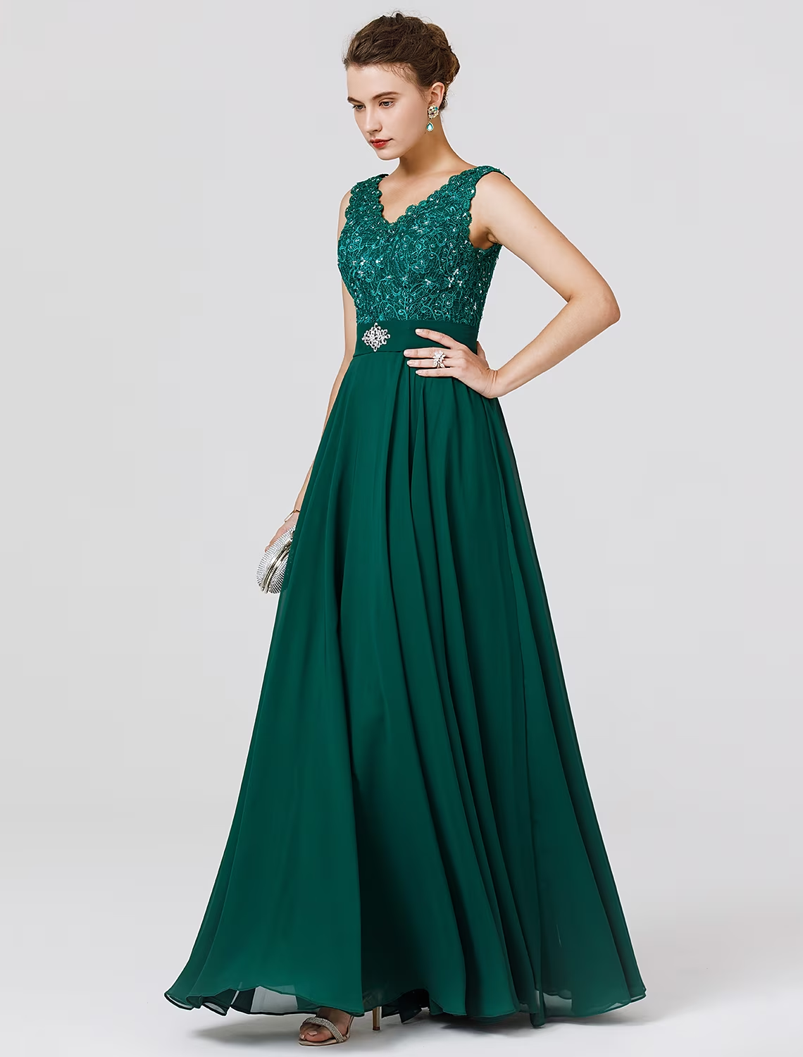 Back view of A-line V-back chiffon dress with sash.
