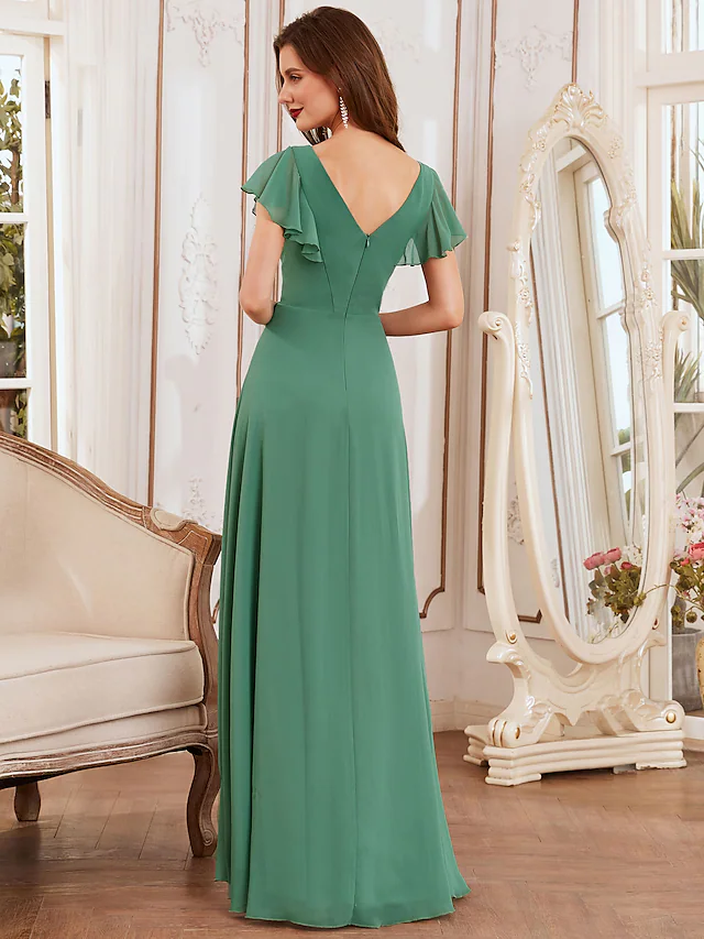 Side view of an A-Line V-neck chiffon bridesmaid dress with asymmetrical ruffles.