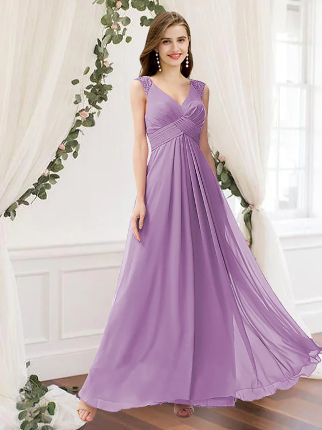 Elegant A-line V-neck chiffon bridesmaid dress with pleats and ruching, shown from the front.