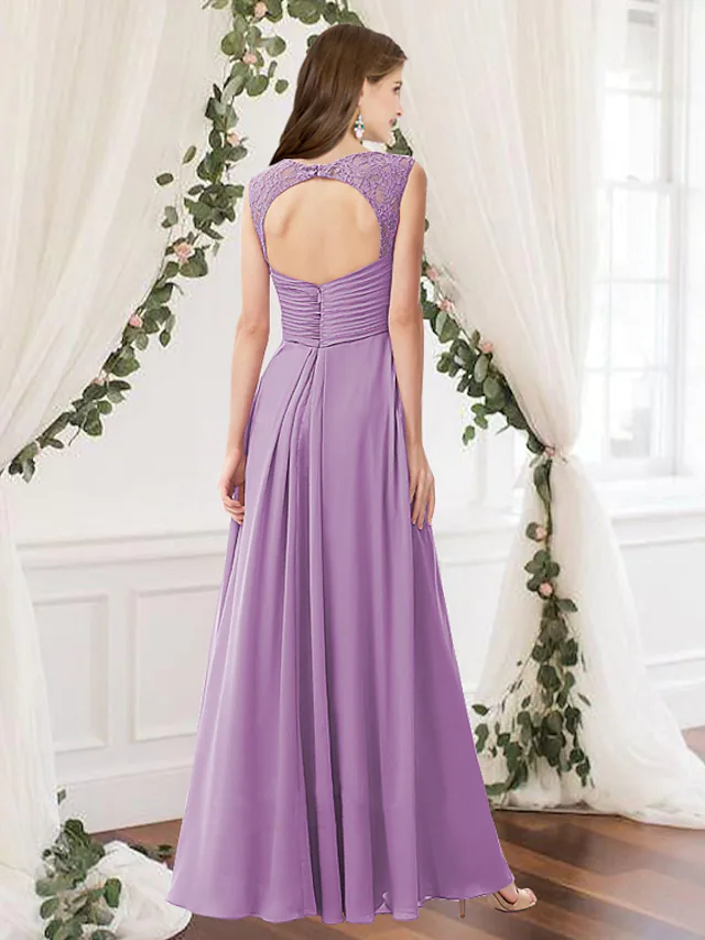 Close-up view of the A-line V-neck chiffon bridesmaid dress, highlighting the pleated and ruched details.