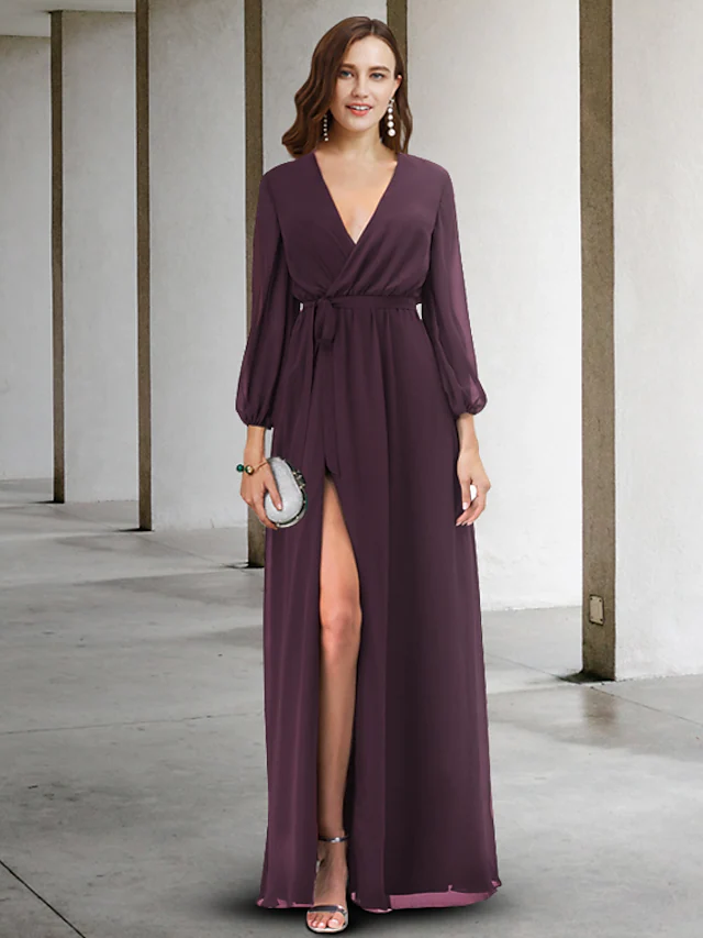 Elegant A-Line V-Neck Chiffon Mother of the Bride Dress.