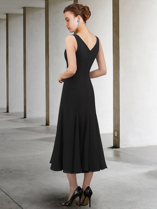 Back view of a sleeveless A-Line chiffon dress with ankle length.