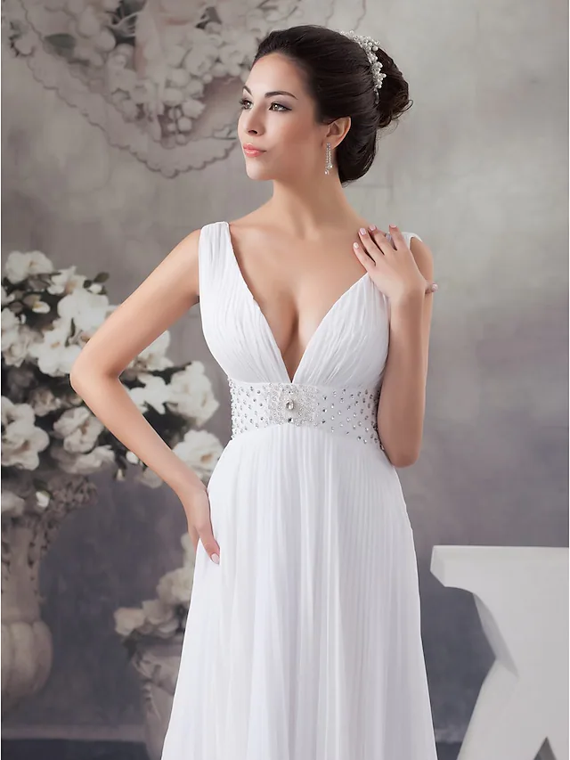 Full length view of A-Line chiffon satin wedding dress.