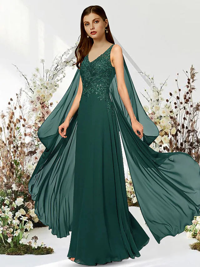 Elegant A-Line Empire V-neck evening dress with sequin appliques on a model.