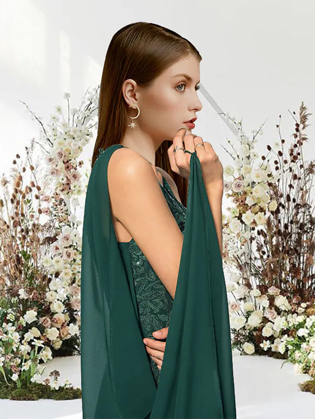 Back view of the A-Line Empire formal dress showing floor-length chiffon.