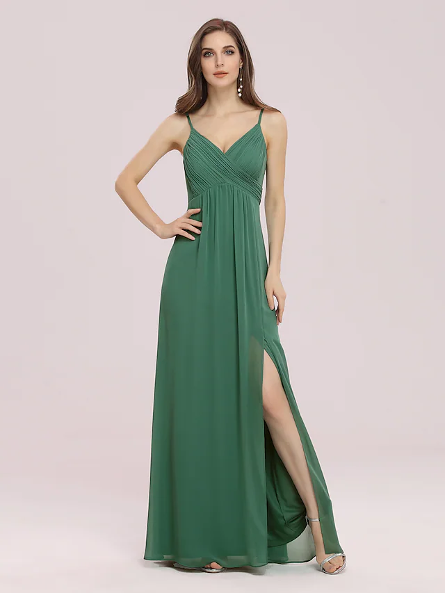 Elegant A-line V-neck chiffon bridesmaid dress with delicate ruching, front view.