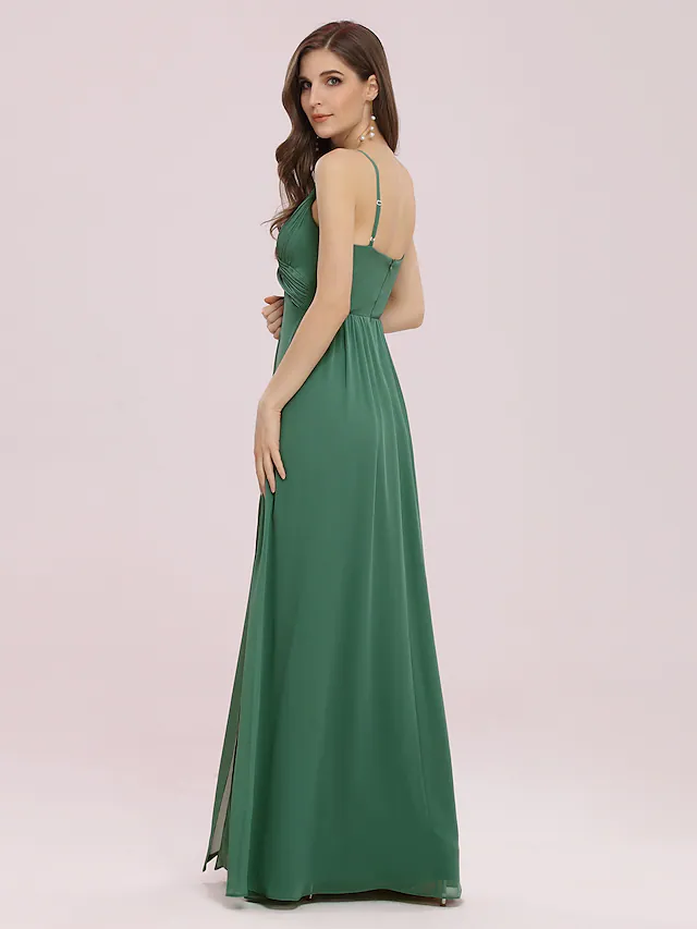 Side view of a flowing A-line floor-length chiffon bridesmaid dress.
