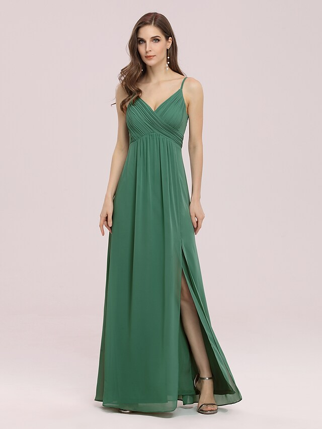 Back view of a V-neck floor-length bridesmaid gown with subtle ruching.
