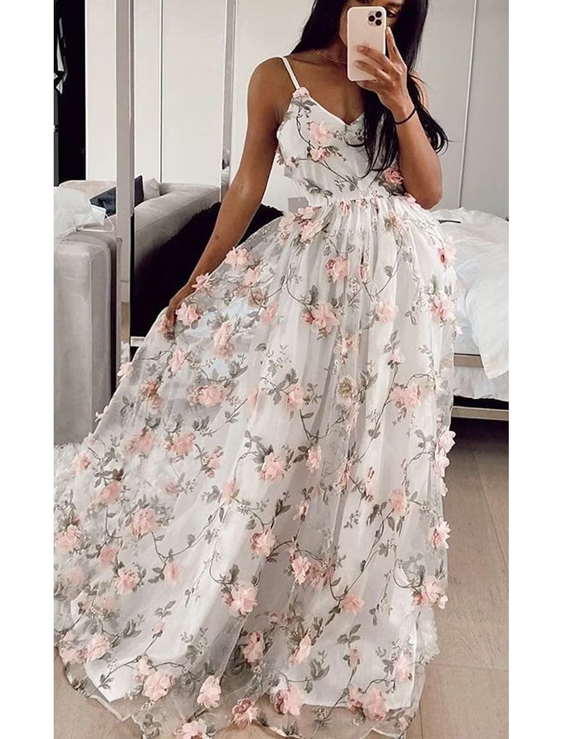 A-line V-neck floral lace prom dress, back view.