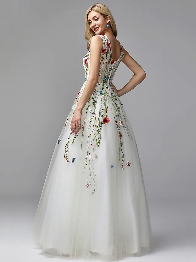 Side view of the white A-line V-neck floral lace formal dress.