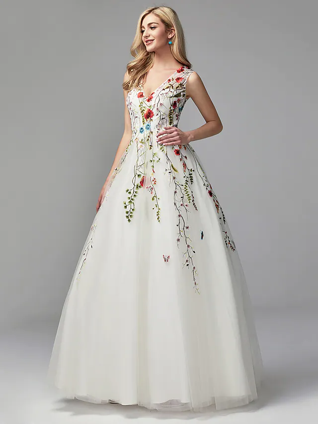 Back view of the white A-line V-neck floor-length dress.