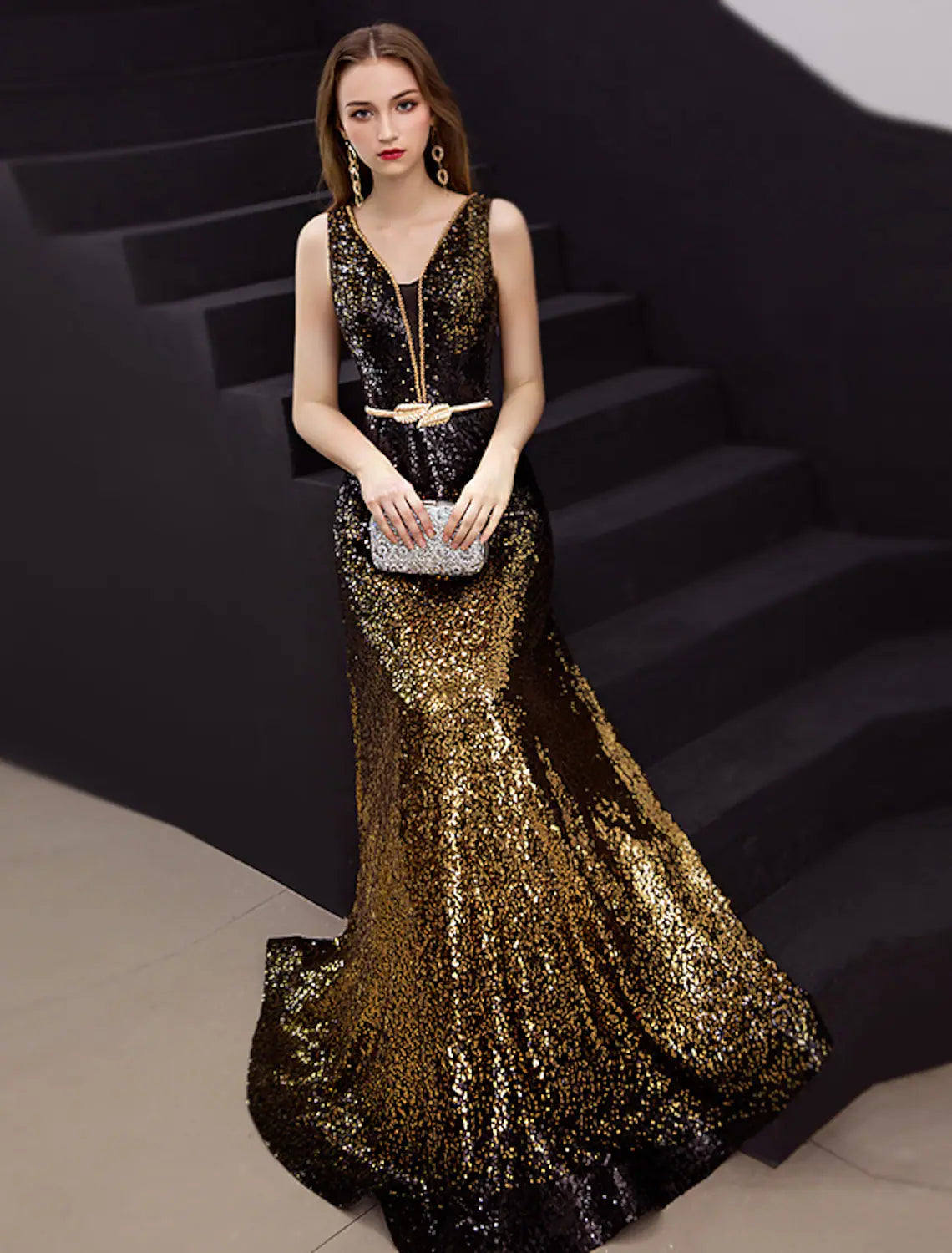 Elegant A-line V-neck formal evening dress in satin with sequin details.