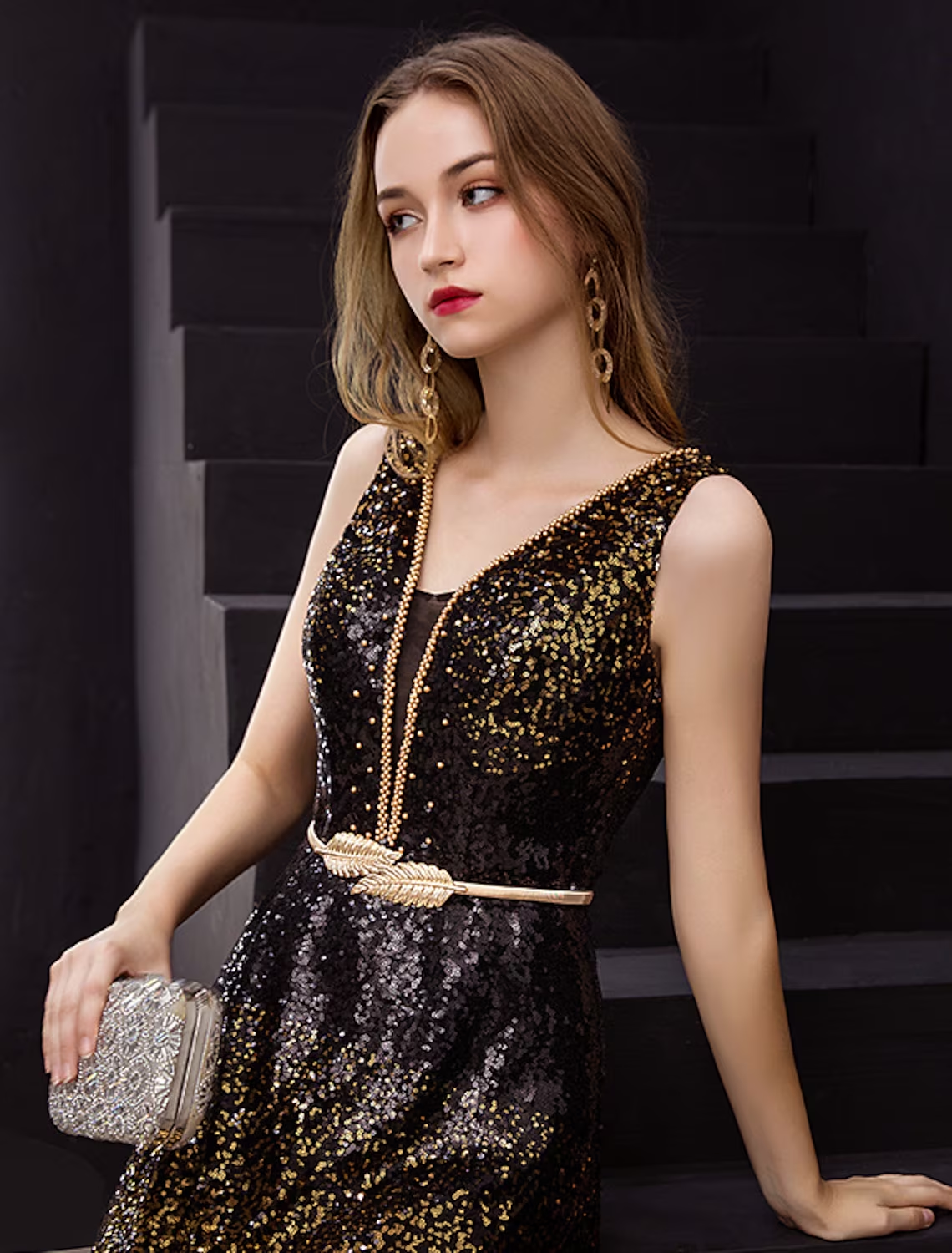 Back view of the A-line V-neck formal evening dress, showcasing floor length.