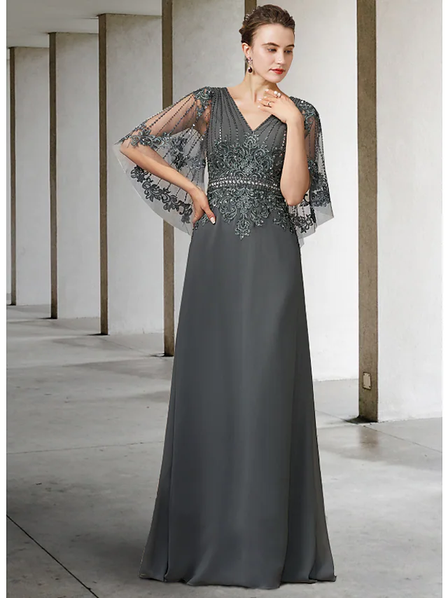 Elegant A-line mother of the bride dress with V-neck, half sleeves, lace, and sash.