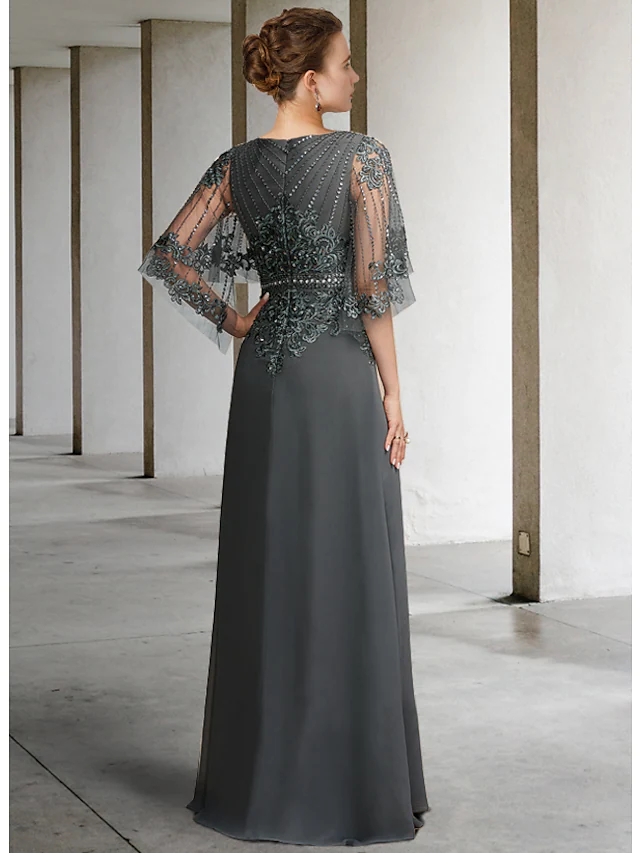 Back view of A-line chiffon lace mother of the bride dress.