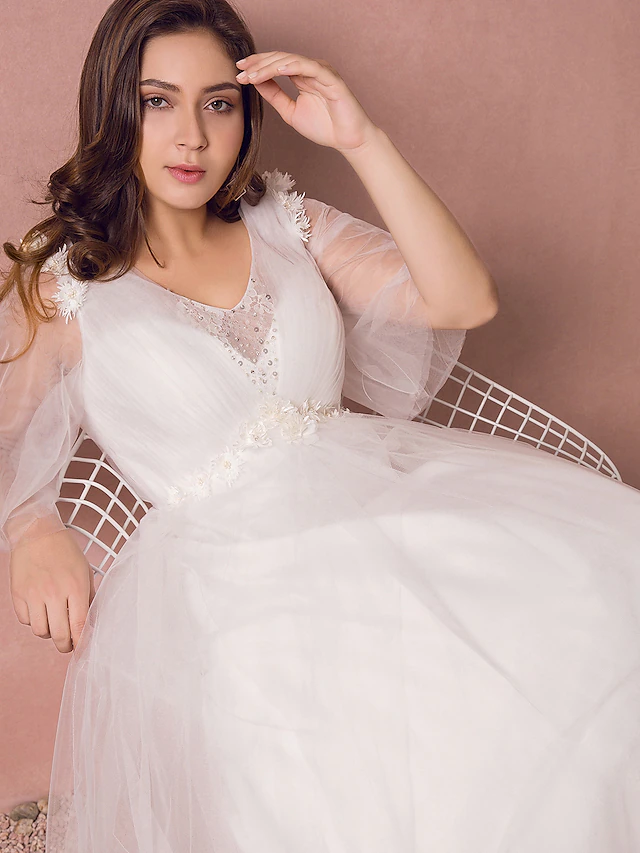 Full view of plus size A-Line wedding dress.