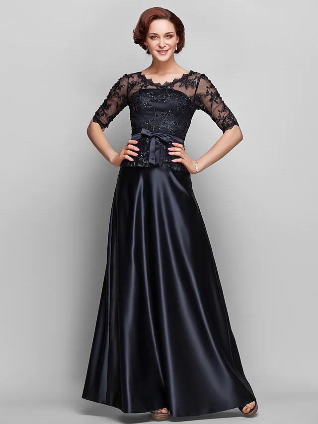 Elegant A-Line Mother of the Bride dress with V-neck and half sleeves, front view.
