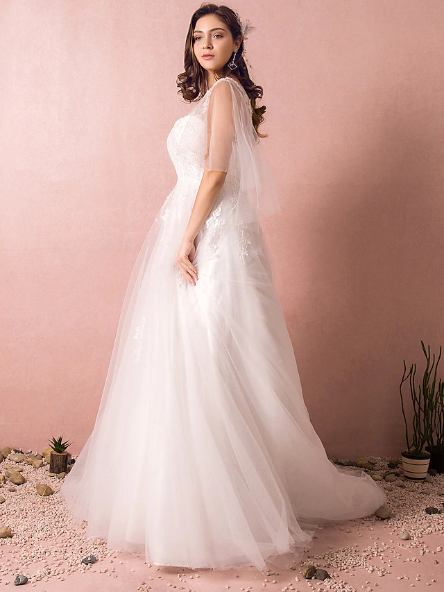 Back view of an A-Line V-Neck half sleeve wedding dress, highlighting the court train.