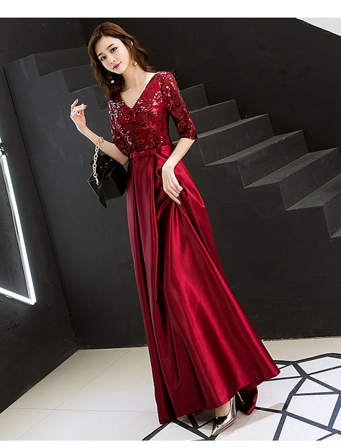 Elegant A-line sparkle satin formal dress with V-neck and half sleeves.