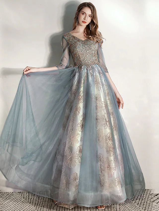 Elegant A-Line V-neck prom dress with half sleeves and delicate appliques.
