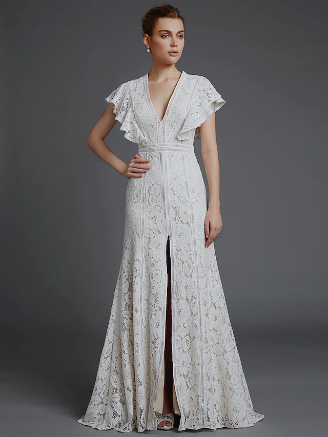 Back view of A-line V-neck lace boho wedding dress.