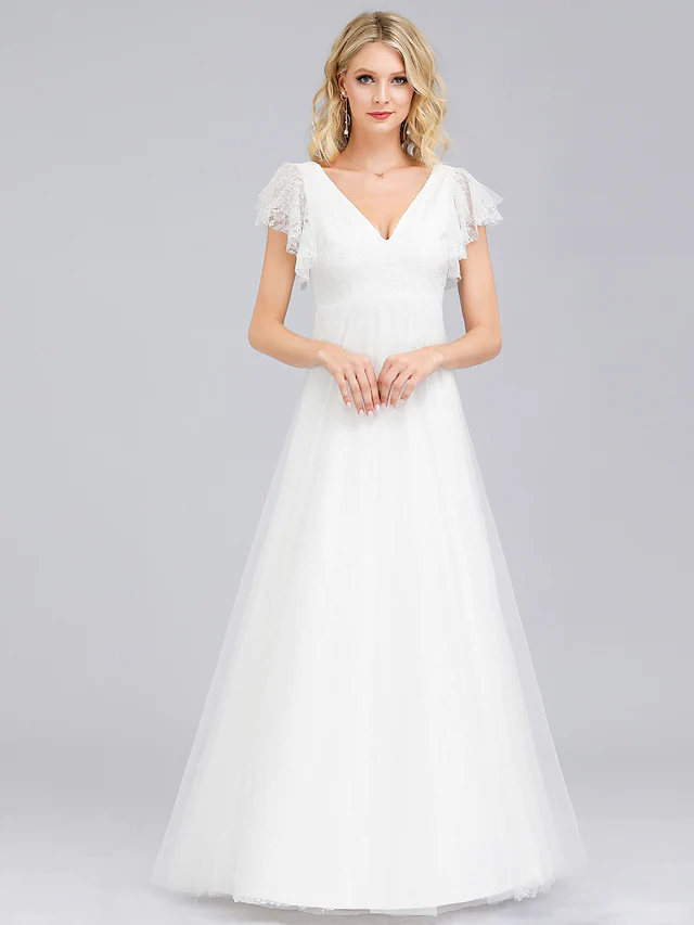Close-up of the lace detail on the A-line V-neck wedding dress.
